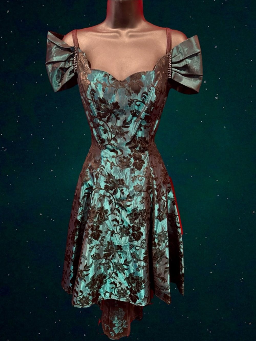Vintage Teal and Black Floral Off-Shoulder High-Low Dress